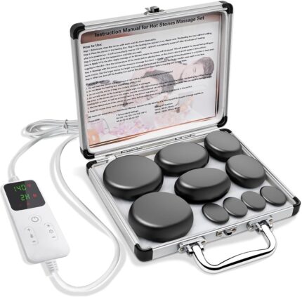 AICNLY 10-piece black basalt hot stones in a black heating box with remote control.