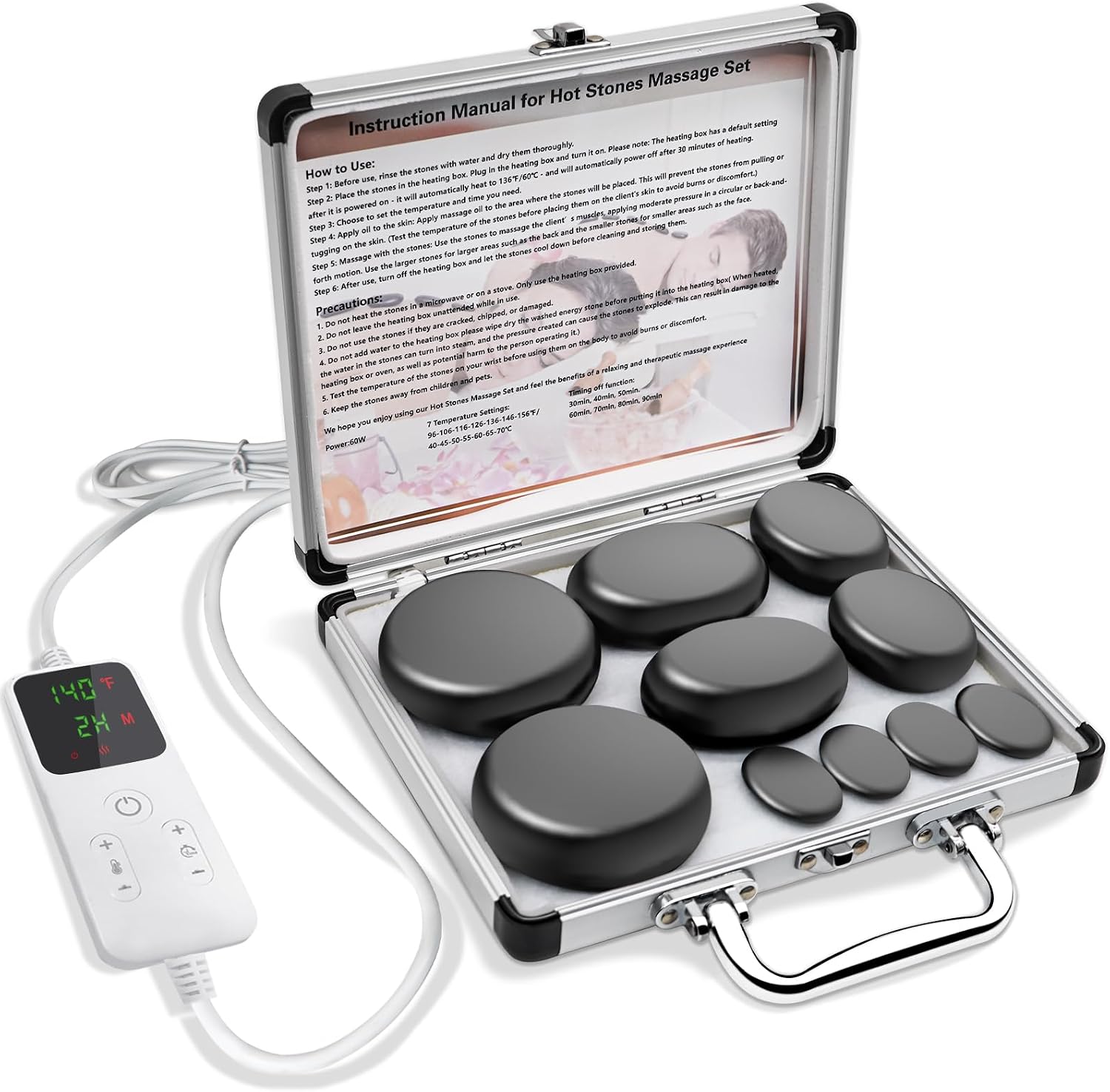 aicnly-10-piece-basalt-hot-stone-massage-set-with-adjustable-temperature-warmer-01 AICNLY 10-piece black basalt hot stones in a black heating box with remote control.