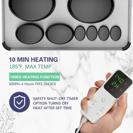 AICNLY 10-piece black basalt hot stones in a black heating box with remote control.