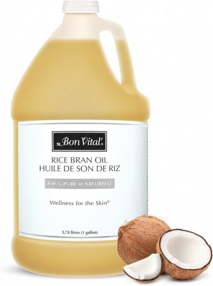 A large, clear plastic gallon bottle of Bon Vital' 100% Pure Cold Pressed Rice Bran Oil with a white label.
