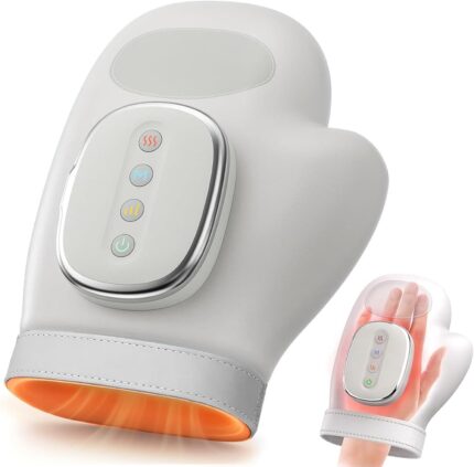 CARYWON Cordless Hand Massager in creamy white, showing a hand inserted into the device with heat and compression features.