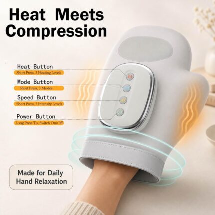 CARYWON Cordless Hand Massager in creamy white, showing a hand inserted into the device with heat and compression features.