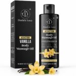 Dude's Love Organic Vanilla Body Massage Oil in a clear bottle with a pump, set against a neutral background.