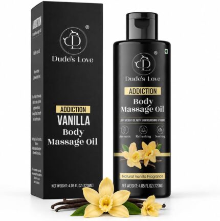 Dude's Love Organic Vanilla Body Massage Oil in a clear bottle with a pump, set against a neutral background.