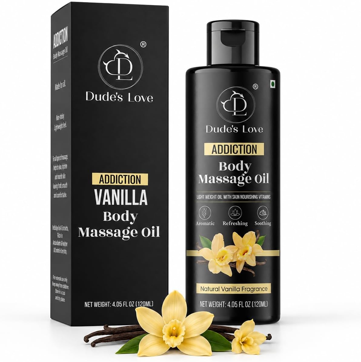 dudes-love-organic-vanilla-massage-oil-non-sticky-light-moisturizing-4-05-fl-oz-01 Dude's Love Organic Vanilla Body Massage Oil in a clear bottle with a pump, set against a neutral background.