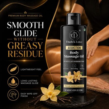 Dude's Love Organic Vanilla Body Massage Oil in a clear bottle with a pump, set against a neutral background.