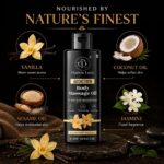 Dude's Love Organic Vanilla Body Massage Oil in a clear bottle with a pump, set against a neutral background.