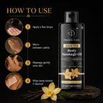 Dude's Love Organic Vanilla Body Massage Oil in a clear bottle with a pump, set against a neutral background.