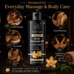 Dude's Love Organic Vanilla Body Massage Oil in a clear bottle with a pump, set against a neutral background.