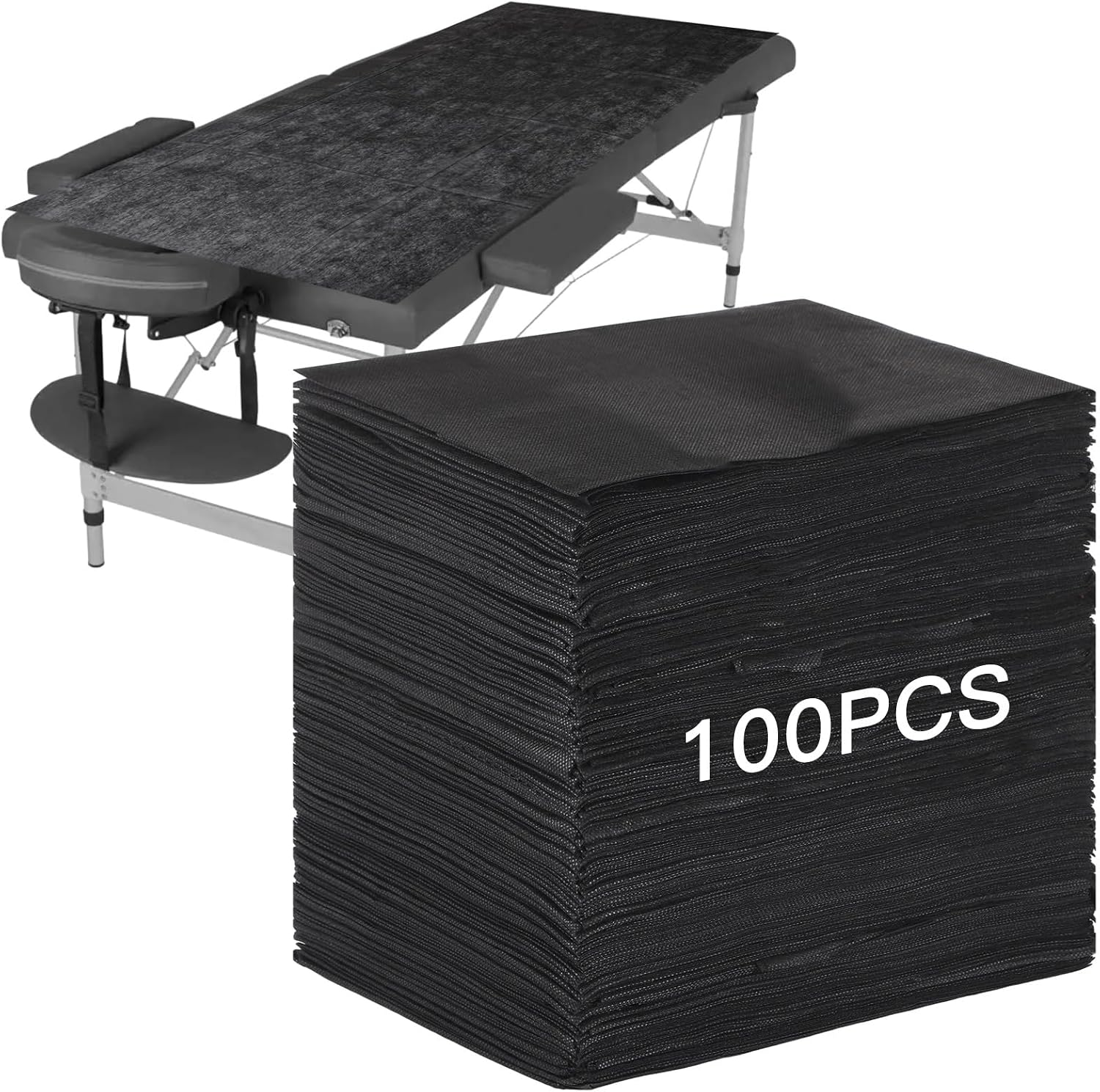 felistory-100-count-disposable-massage-table-sheets-31-x-71-non-woven-black-01 Stack of 100 black FELISTORY disposable non-woven massage table sheets, folded neatly.