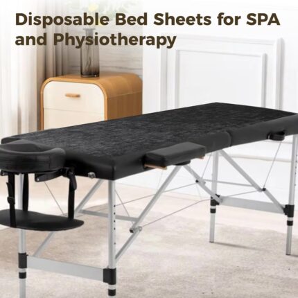 Stack of 100 black FELISTORY disposable non-woven massage table sheets, folded neatly.