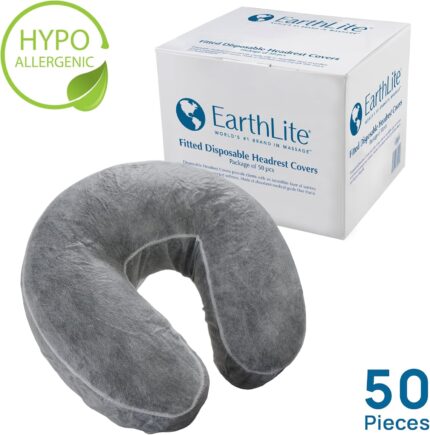 Stack of 50 clear, fitted disposable headrest covers for massage tables, neatly packed in a box.