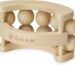 A wooden handheld massage ball roller with multiple independent rolling balls and a curved ergonomic handle.