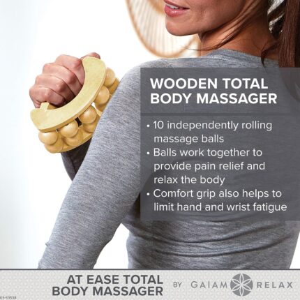 A wooden handheld massage ball roller with multiple independent rolling balls and a curved ergonomic handle.