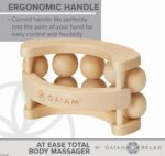 A wooden handheld massage ball roller with multiple independent rolling balls and a curved ergonomic handle.