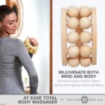 A wooden handheld massage ball roller with multiple independent rolling balls and a curved ergonomic handle.