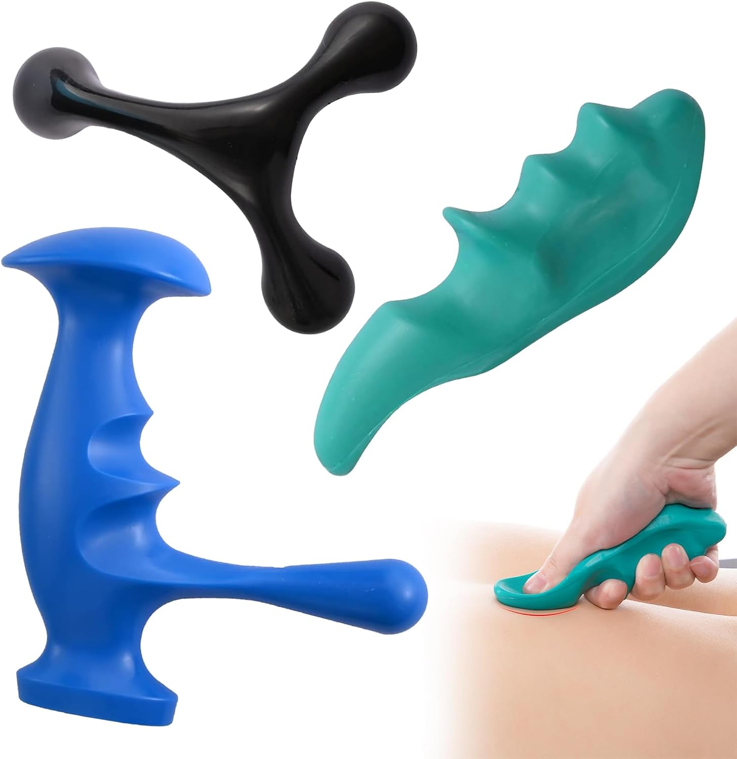 hautllaif-manual-trigger-point-massagers-palm-urchin-tool-set-3-piece-green-01 Image shows a green thumb-shaped massage tool and a 4-legged palm urchin massage tool, arranged together.