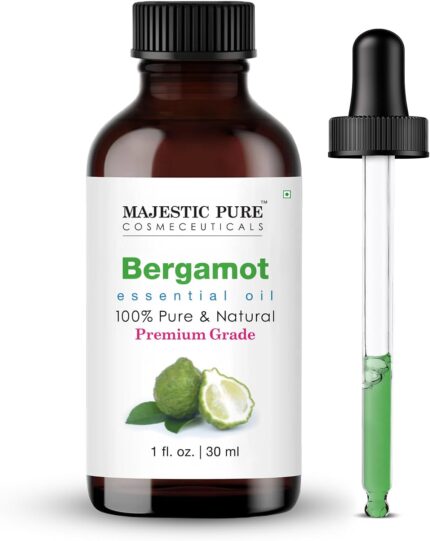 Amber glass bottle of Majestic Pure Bergamot Essential Oil with a built-in dropper, 1 fl oz size, on a white background.