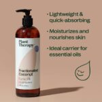 A clear bottle of Plant Therapy Fractionated Coconut Oil, 16 fl oz, with a white label, on a clean background.