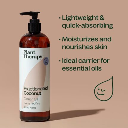 A clear bottle of Plant Therapy Fractionated Coconut Oil, 16 fl oz, with a white label, on a clean background.