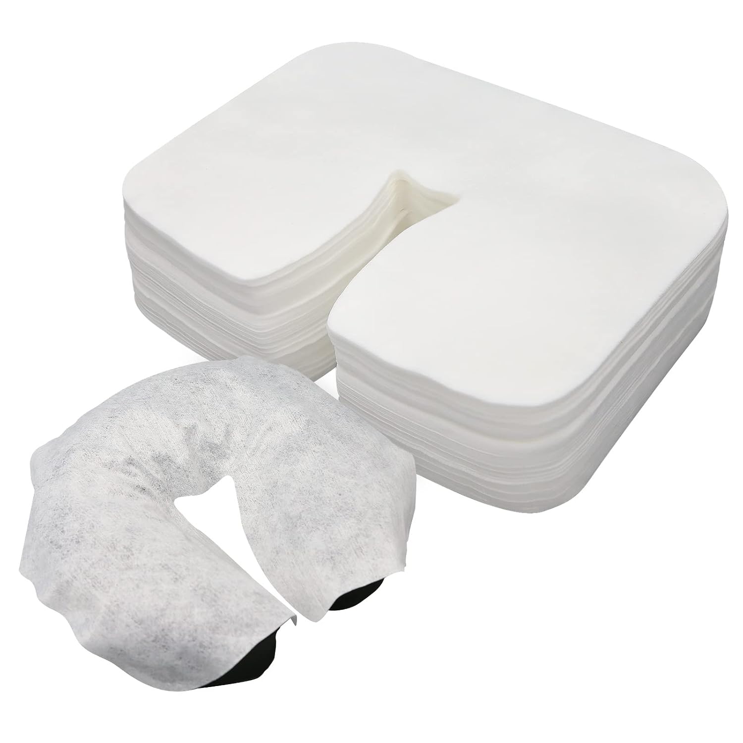 rngwaper-200pc-ultra-soft-disposable-face-cradle-covers-for-massage-tables-chairs-01 Stack of 200 white disposable face cradle covers made of soft cotton, designed for massage tables and spa chairs.