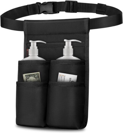 Black SITHON professional massage therapist holster bag with an adjustable waist belt, shown with two bottle pockets.