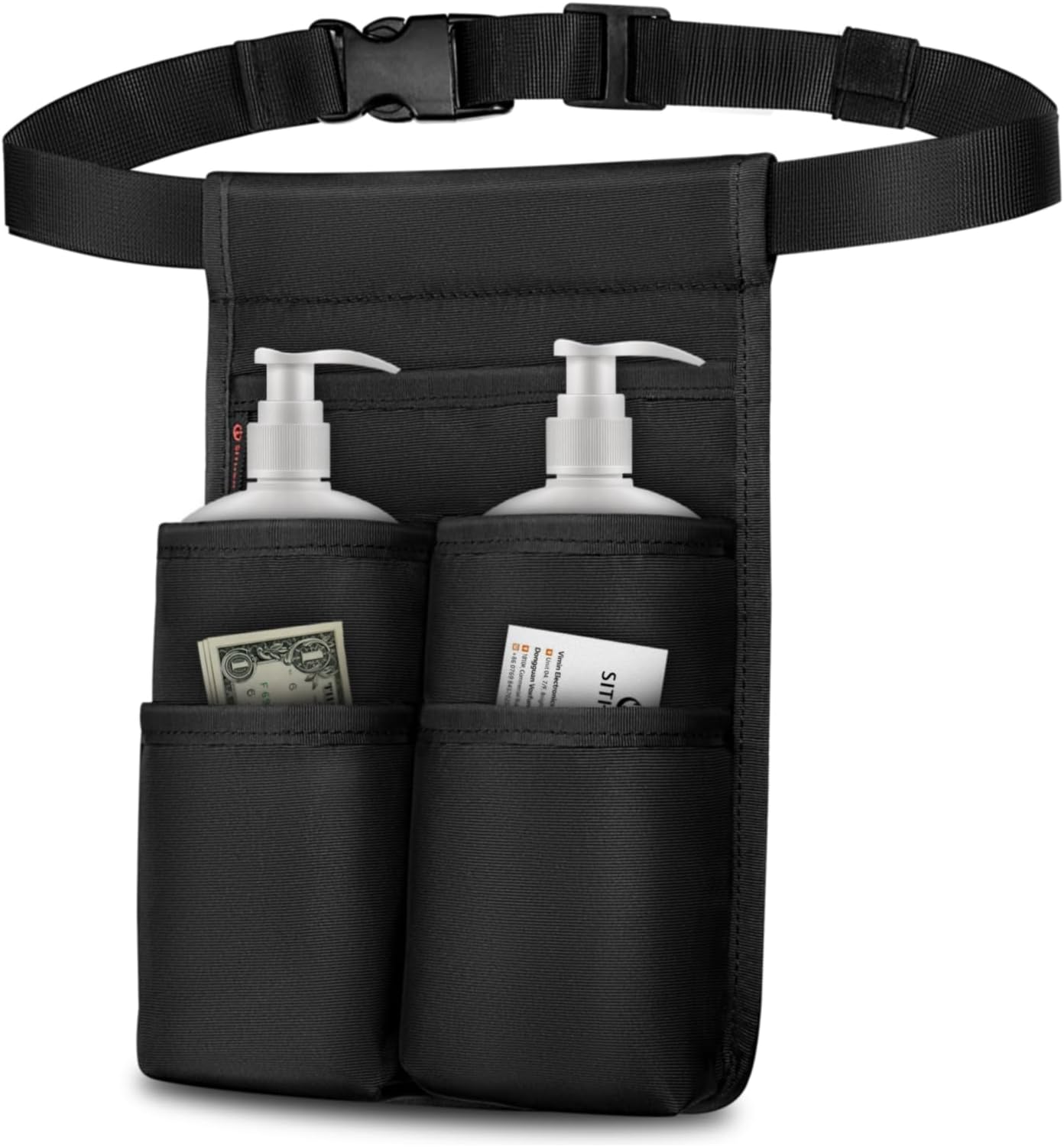 sithon-professional-massage-therapist-holster-bag-for-2-bottles-black-01 Black SITHON professional massage therapist holster bag with an adjustable waist belt, shown with two bottle pockets.