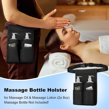 Black SITHON professional massage therapist holster bag with an adjustable waist belt, shown with two bottle pockets.
