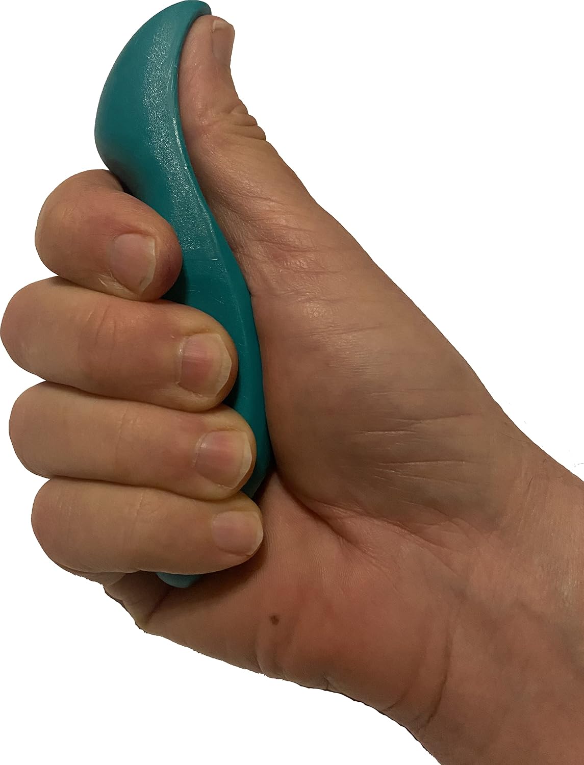 therapists-choice-deep-tissue-trigger-point-thumb-protector-green-01 A green, thumb-shaped plastic massage tool designed for deep tissue and trigger point therapy, held in a hand.