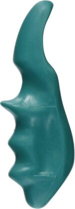 A green, thumb-shaped plastic massage tool designed for deep tissue and trigger point therapy, held in a hand.
