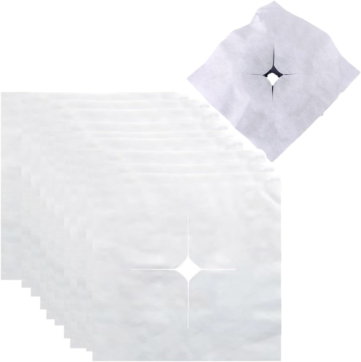 utysty-100-pack-disposable-white-face-cradle-covers-for-massage-tables-01 Stack of 100 white UtySty disposable face cradle covers on a massage table headrest.