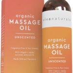 Bottle of Viva Naturals Organic Unscented Massage Oil with a pump dispenser, against a clean background.