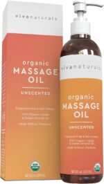 Bottle of Viva Naturals Organic Unscented Massage Oil with a pump dispenser, against a clean background.