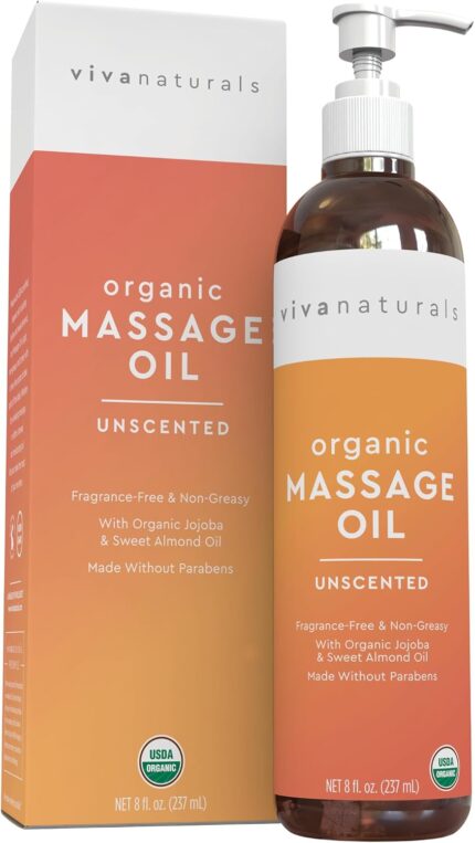 Bottle of Viva Naturals Organic Unscented Massage Oil with a pump dispenser, against a clean background.